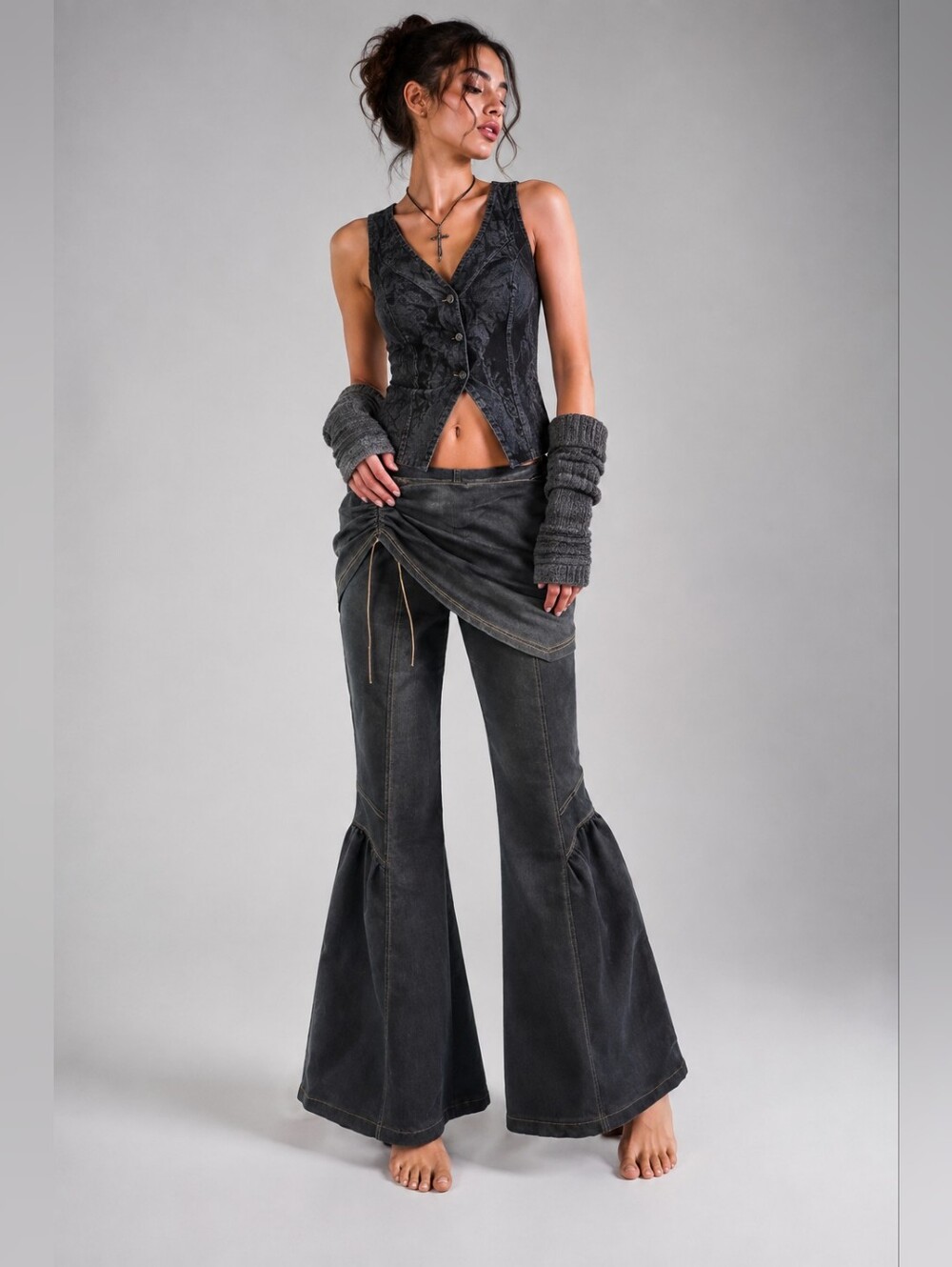 Les Mains Folles Y2K Dark Wash Denim Skirt Overlay Flare Pants M